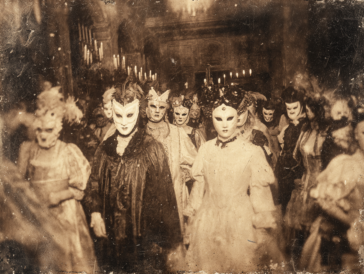 15th-century European masquerade ball during Carnival with elaborate masks and costumes, candlelit hall, 1450.
