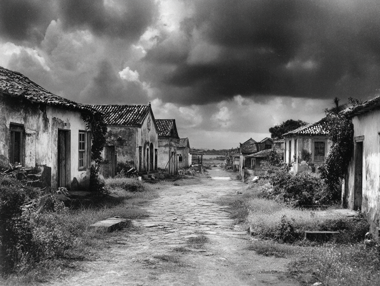 Eerie abandoned Brazilian village in 1923 with overgrown vegetation and empty streets