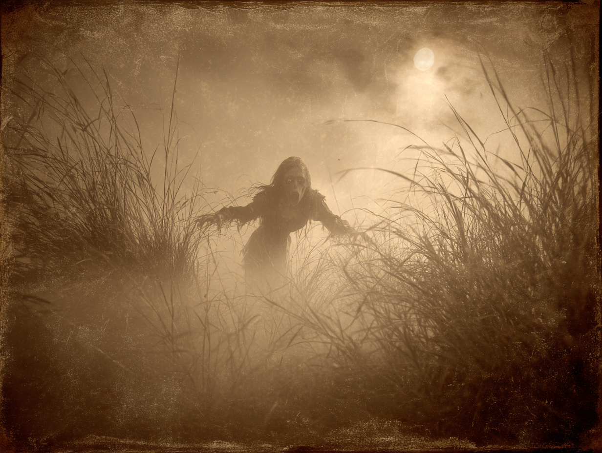 Banshee emerging from misty Irish moor at night with full moon glow
