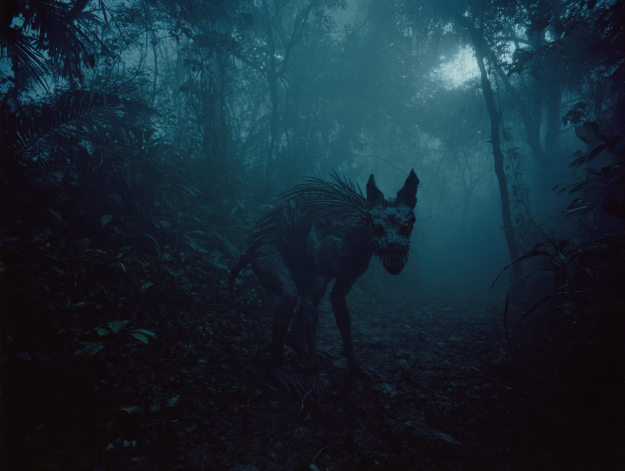 Chupacabra with glowing red eyes and spiky back in moonlit Puerto Rican forest