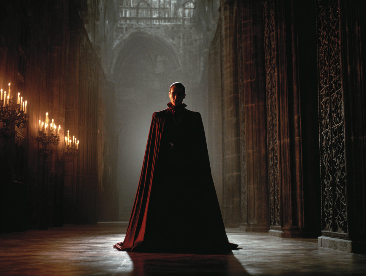 Dramatic portrait of Dracula in a gothic castle with glowing eyes and flowing cape