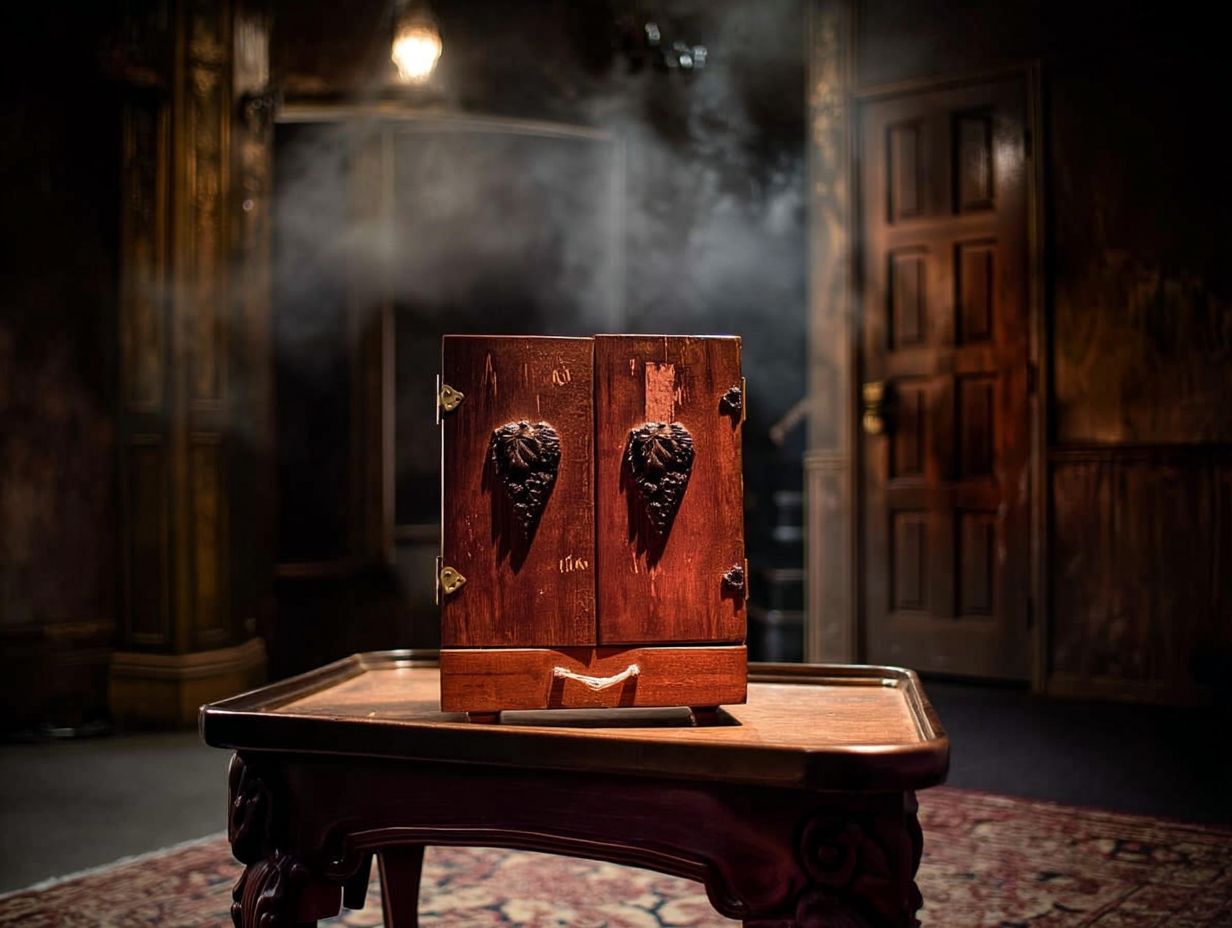 Mysterious Dybbuk Box on ornate table with cobwebs and glowing seams in dimly lit room