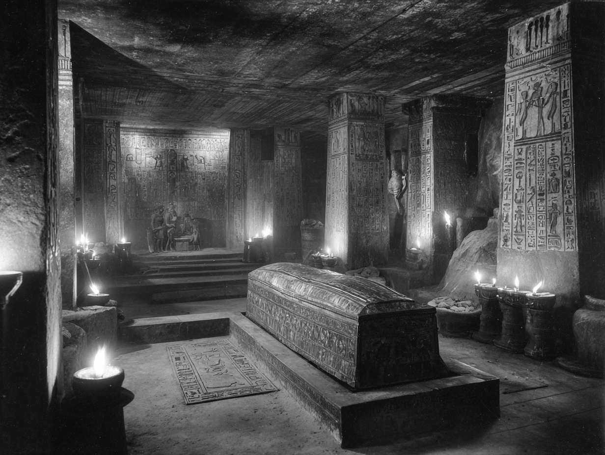 Ancient Egyptian burial chamber with hieroglyphics and sarcophagus