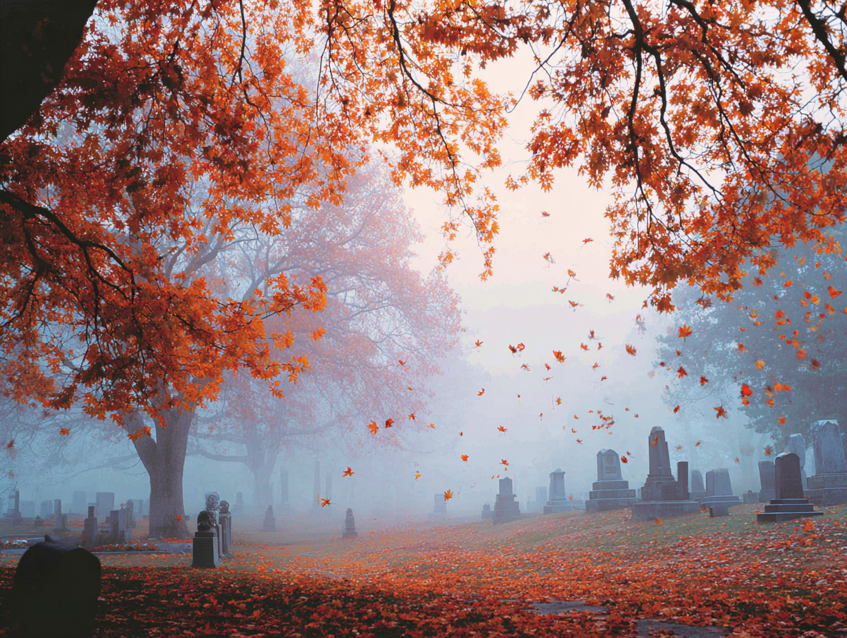 Spooky autumn landscape with fog over a haunted cemetery at dawn