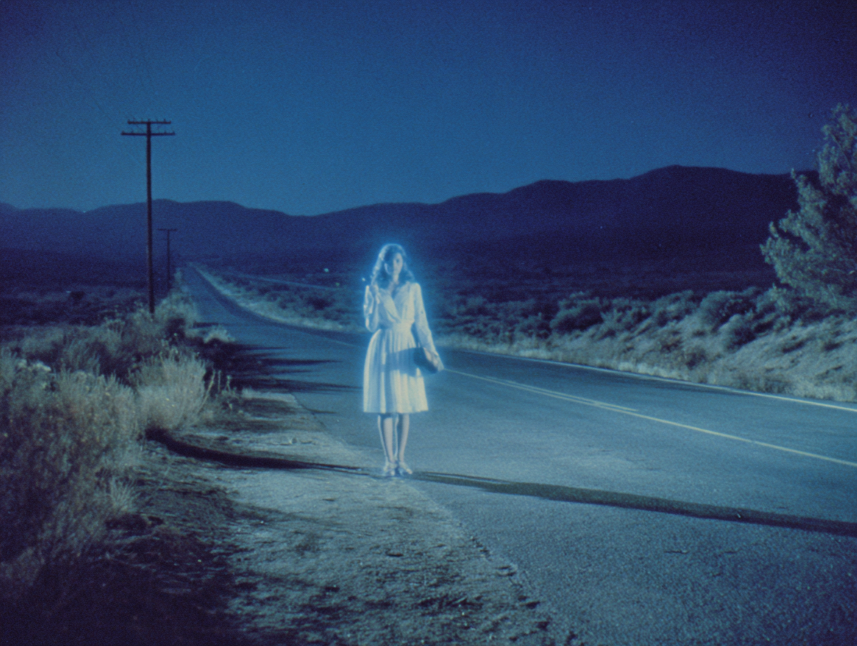 Ghostly hitchhiker on a deserted highway at night with moonlit vintage dress