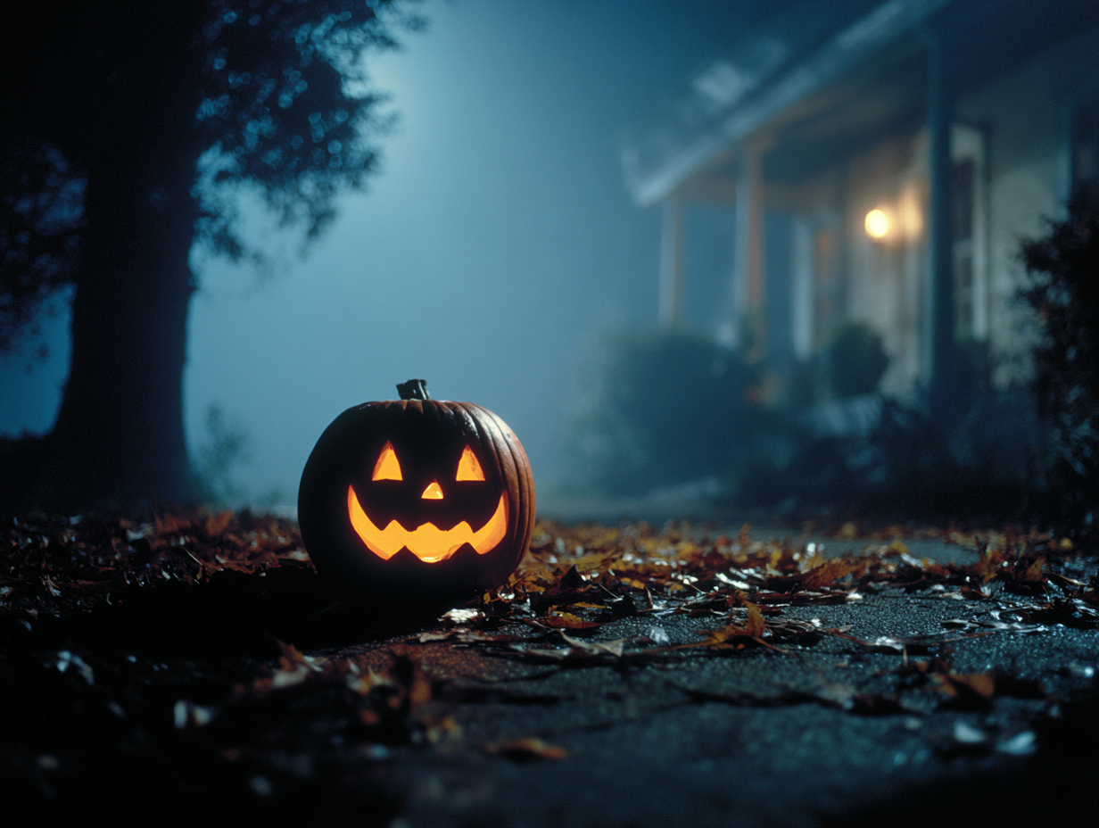 Glowing Jack O'Lantern on a misty night with haunted house silhouette