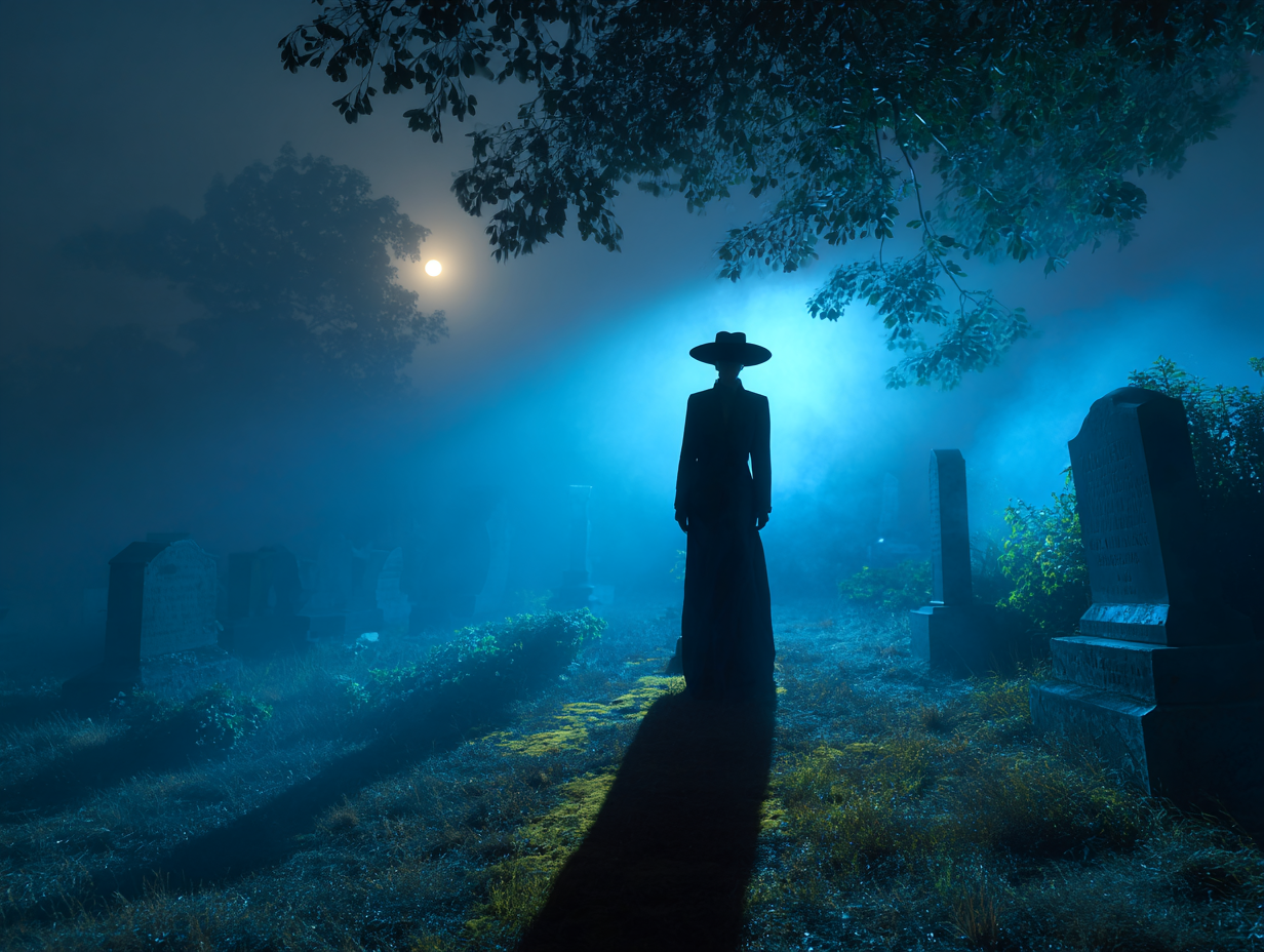 Invisible Man in high fashion against foggy cemetery backdrop