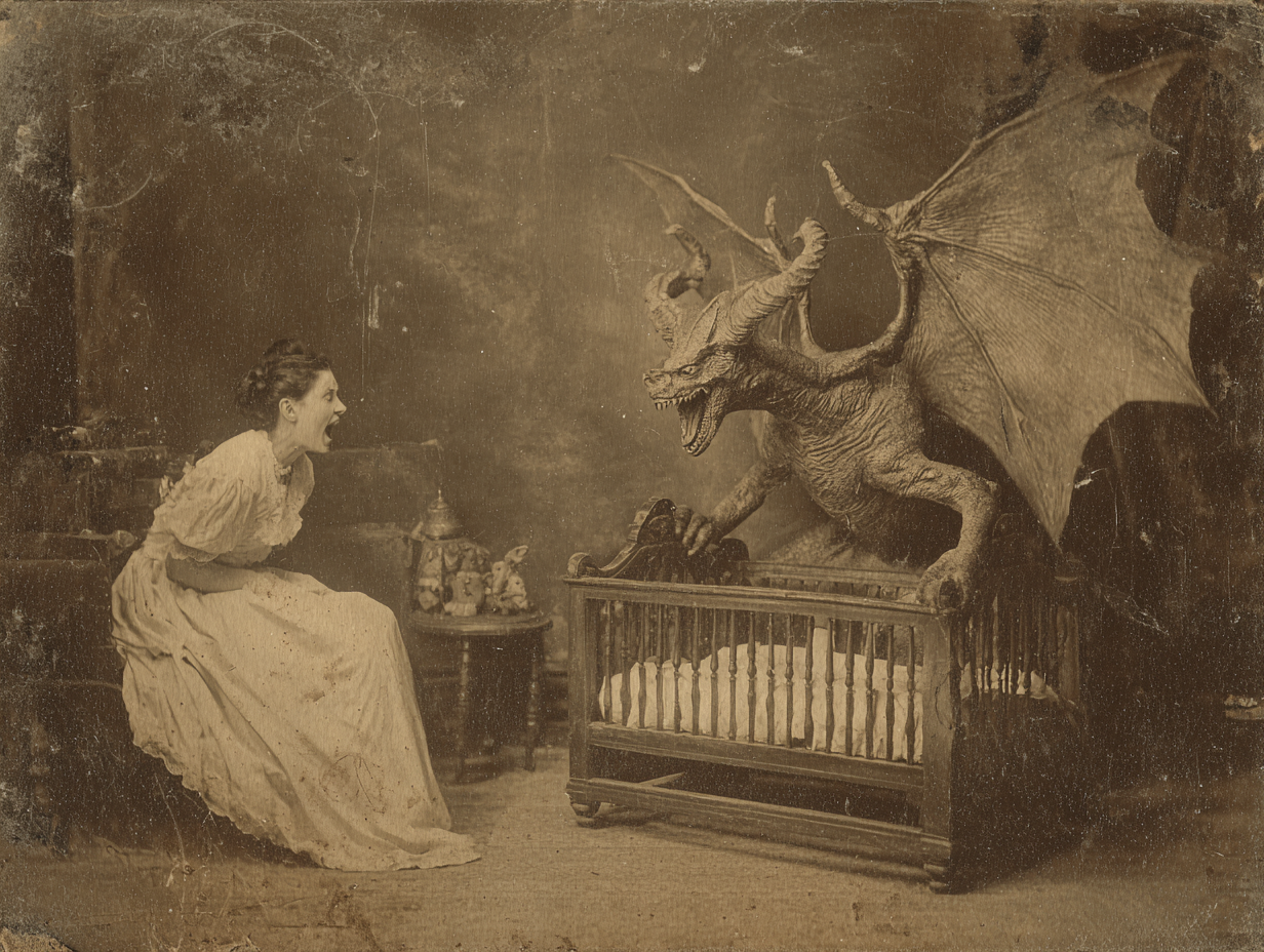 Mother Leeds witnesses birth of Jersey Devil in candlelit 18th-century room, eerie transformation scene.