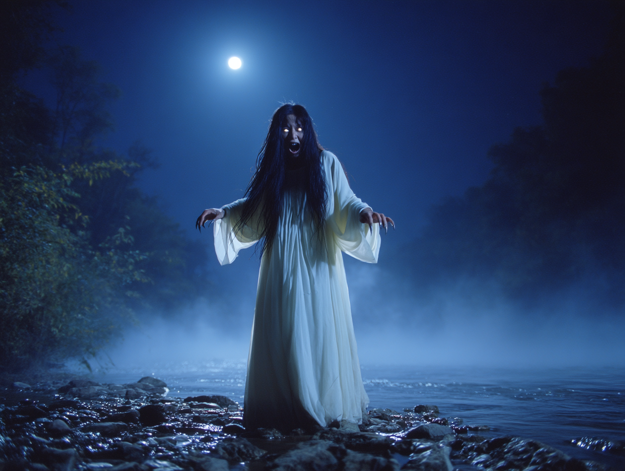 La Llorona ghostly figure at misty riverbank at night, wailing woman in white gown with obscured face and reaching hands under eerie moonlight