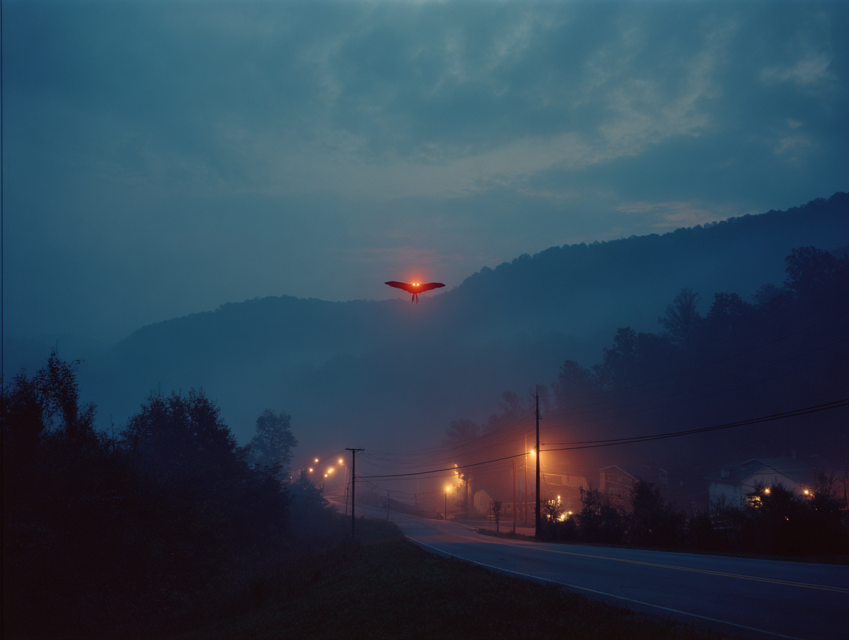 Mothman with glowing red eyes and large wings silhouetted against misty West Virginia hills at dusk