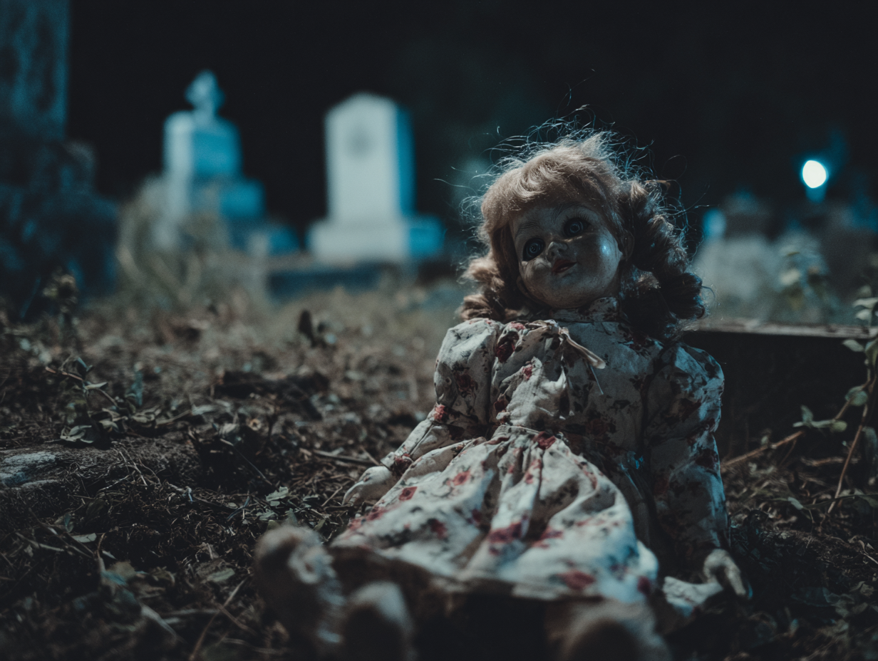 Porcelain doll with cracked skin in a haunted graveyard at night.