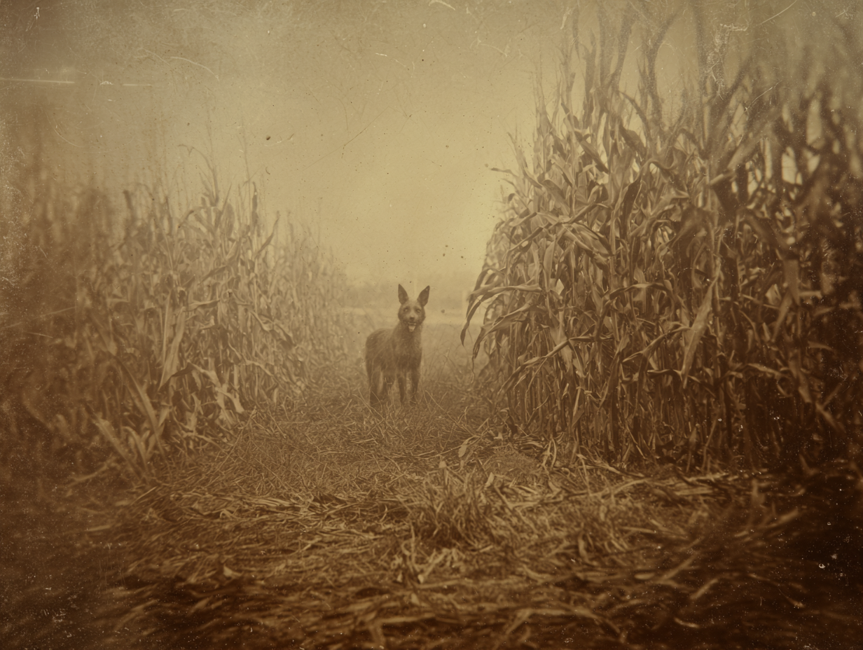 Mysterious dog-rabbit cryptid in 1800s Tennessee cornfield under overcast sky, eerie rural setting with tall shadowy corn stalks.