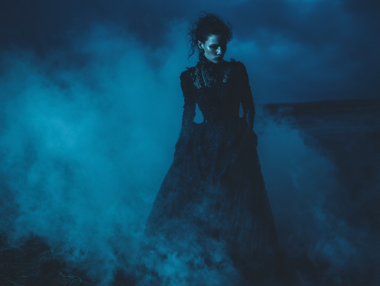 Elegant vampire in gothic fashion with lace and velvet in a swirl of fog
