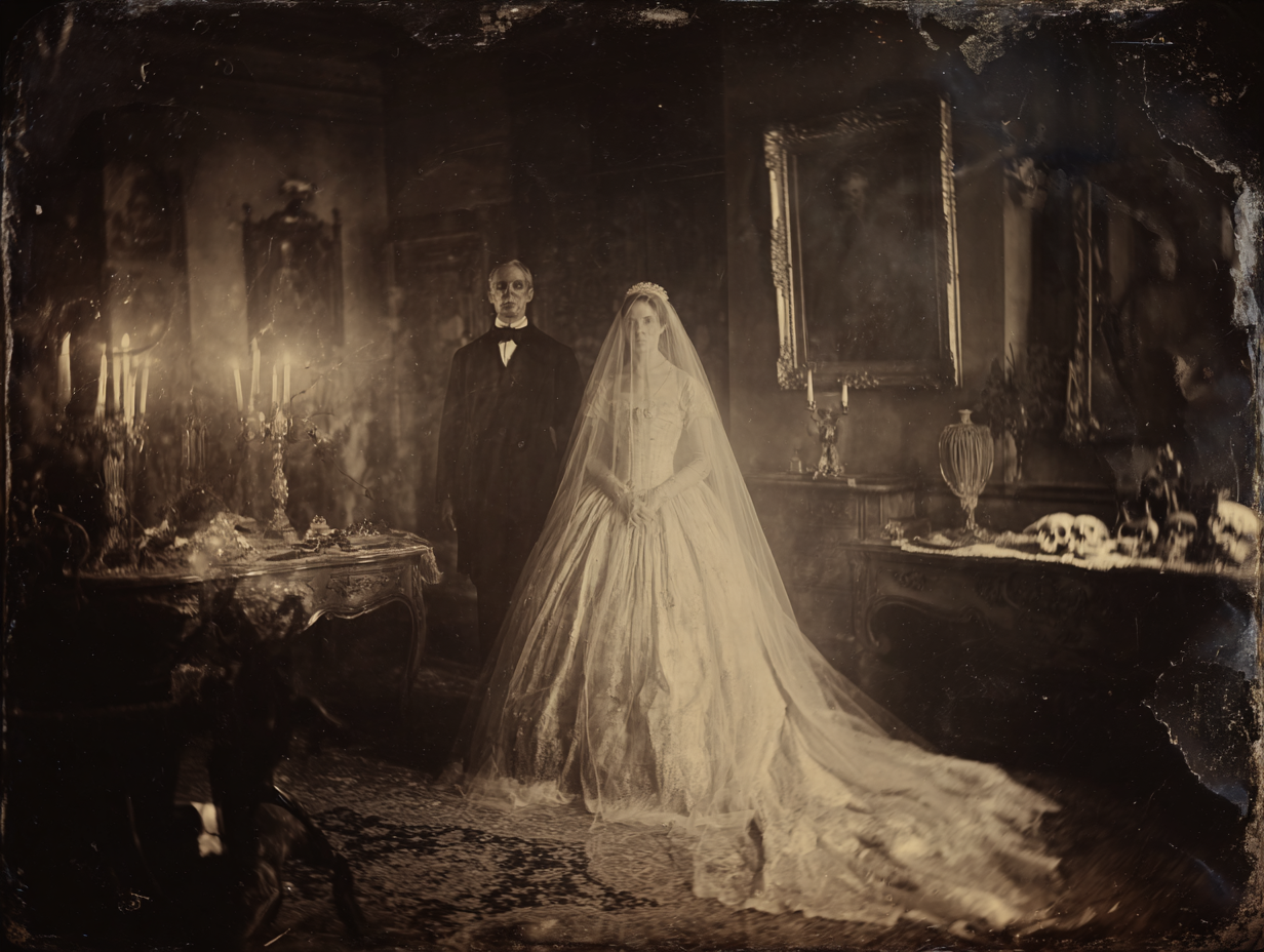 Victorian ghost wedding with bride and corpse groom in candlelit parlor, eerie supernatural atmosphere.