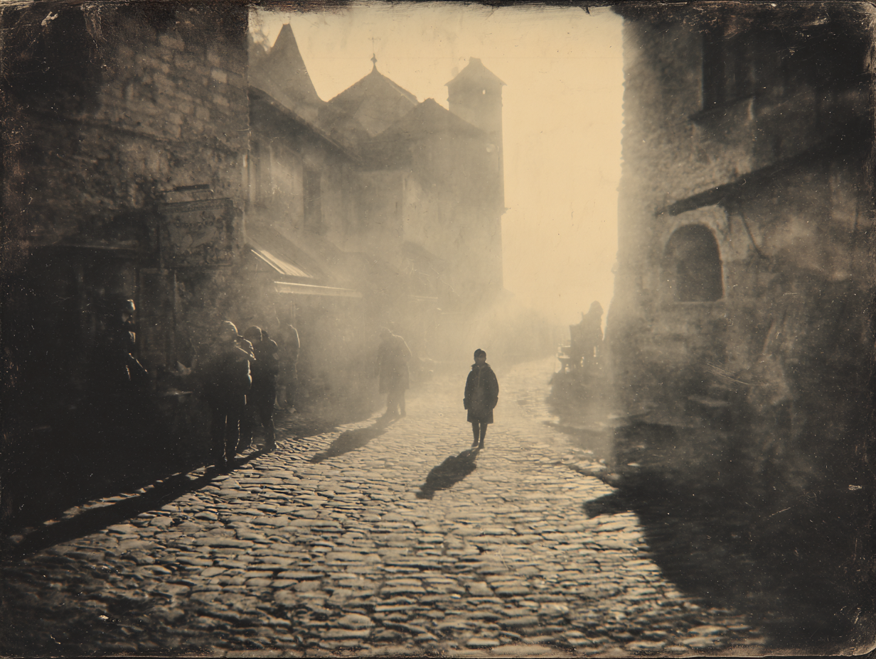 Young Vlad the Impaler in foggy medieval Transylvania, early morning shadows on cobblestone streets.