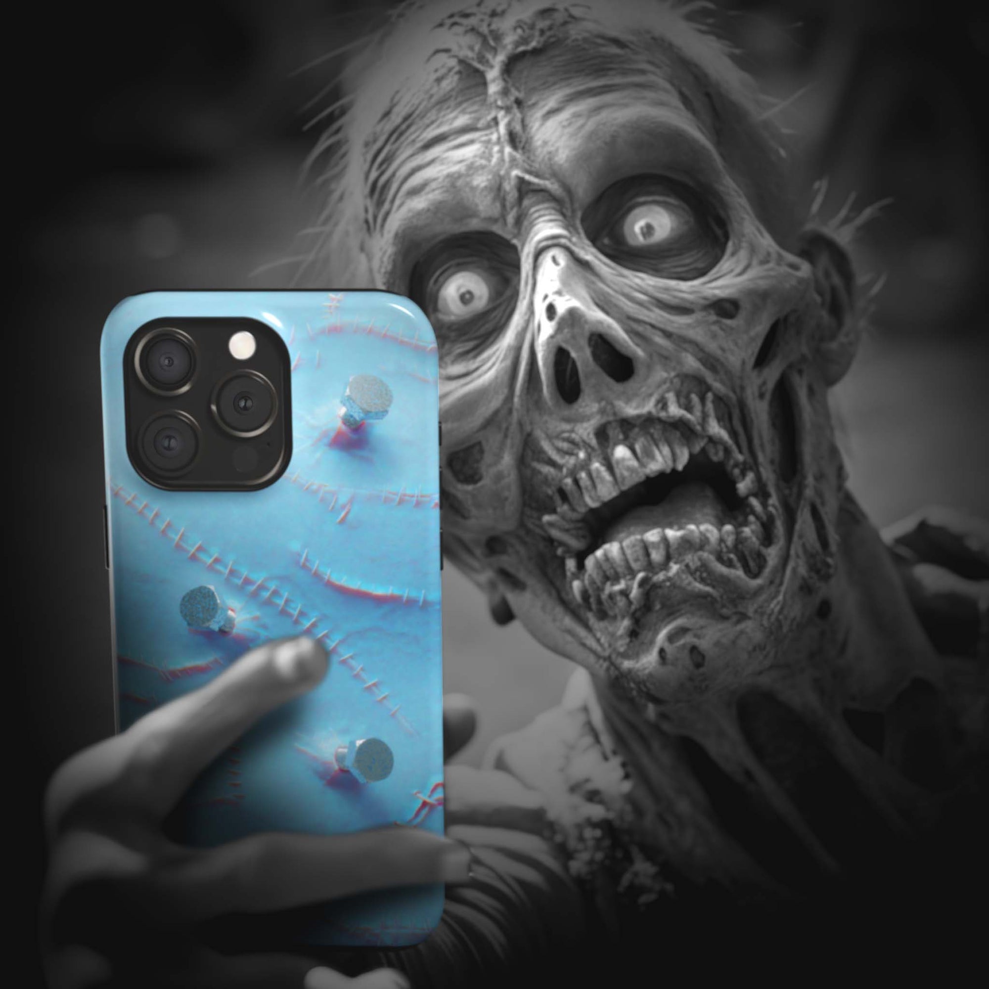A zombie takes a selfie with a Bride Monster Flesh phone case!  Available for iPhone, Samsung Galaxy, and Google Pixel devices.  Muhahaha! presents the perfect spooky, Halloween gift.  Every case has double layers for extra durability and protection while the clear, open ports stay out of your way when it comes to charging. Choose between matte or glossy finish. (pictured: iPhone 15 pro with a Bride Monster Flesh phone case)