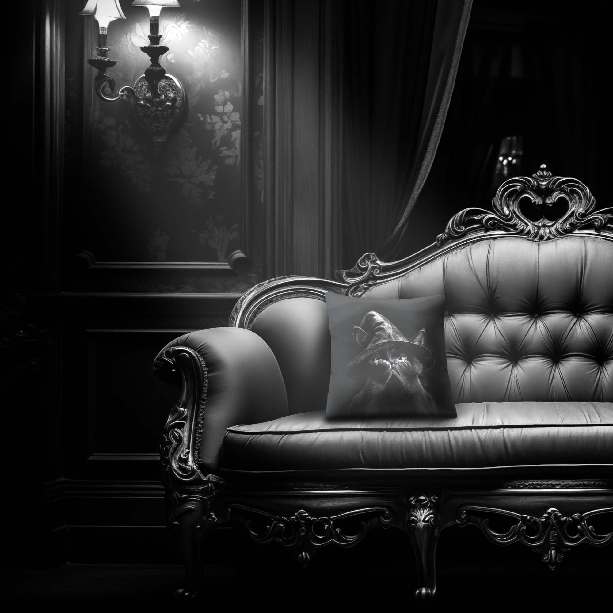 Cat Peekaboo pillow by Muahaha!  Black and white photo of the 16x16 faux suede pillow showing cat wearing a witch hat's face resting on an antique couch in a victorian mansion.  The perfect spooky gift!