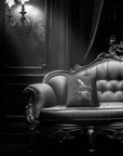 Cat Peekaboo pillow by Muahaha!  Black and white photo of the 16x16 faux suede pillow showing cat wearing a witch hat's face resting on an antique couch in a victorian mansion.  The perfect spooky gift!