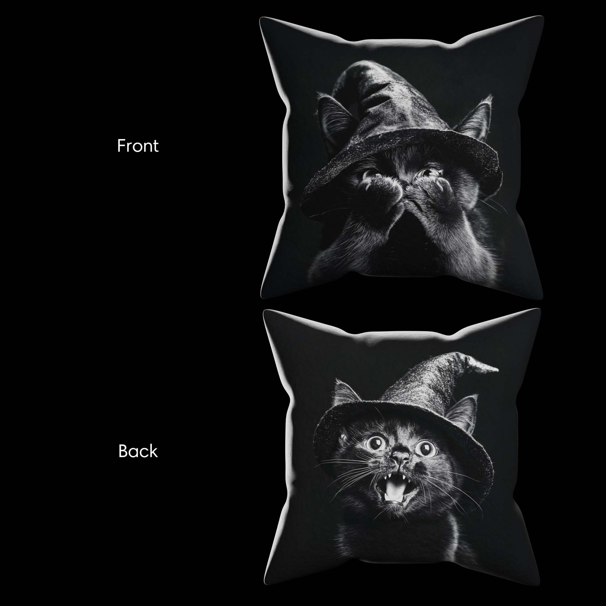 Image showing the front and back of Cat Peekaboo Pillow.  The front shows a cat wearing a witch hat with its hands covering his face.  The back shows the cat's cute meowing face!  Black and white artwork on a 16x16 faux suede pillow.  The perfect adorable horror, goth decor gift from Muahaha!