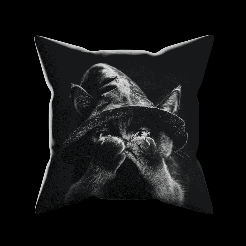 A gif shows Cat Peekaboo Pillow animating from front to back.  On the front is a closeup of a cat wearing a witch hat with its hands covering his face.  Flip the pillow to reveal the cat's cute face meowing.  Black and white artwork on a 16x16 faux suede pillow.  The perfect spooky, Halloween gift!