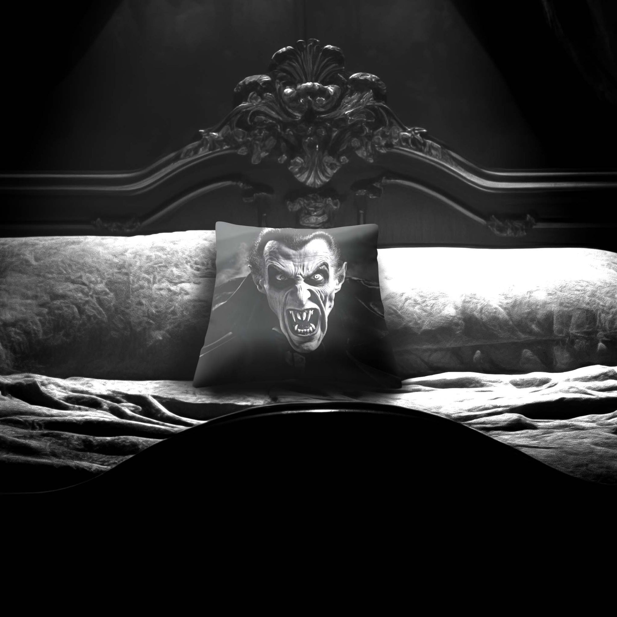 Dracula Peekaboo pillow by Muahaha!  Black and white photo of the 16x16 faux suede pillow showing Dracula's face resting on an antique bed in a victorian mansion.  The perfect gothic, horror gift!