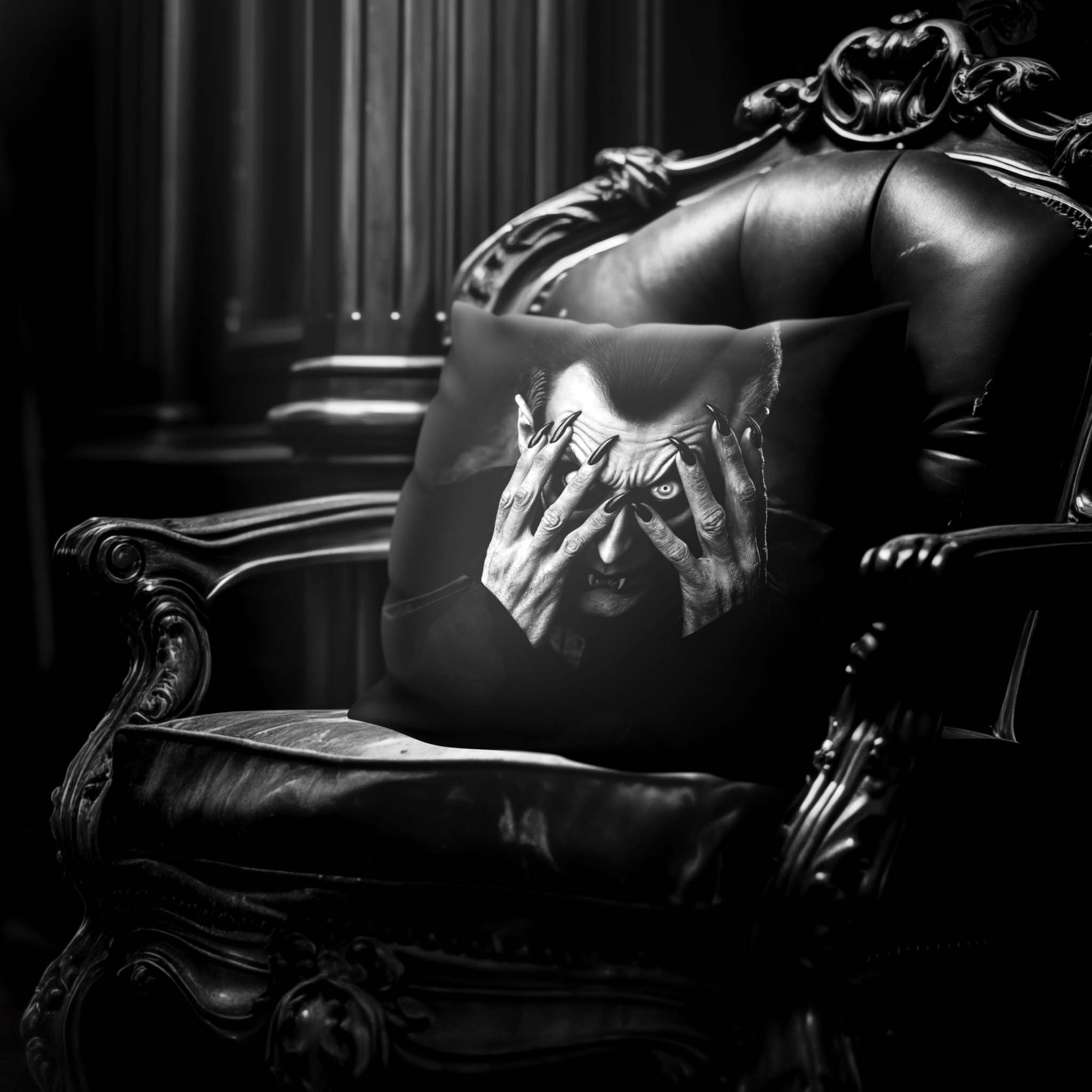 Dracula Peekaboo pillow by Muahaha!  Black and white photo of the 16x16 faux suede pillow showing Dracula's face resting on an antique arm chair in a victorian mansion.  The perfect Halloween gift!