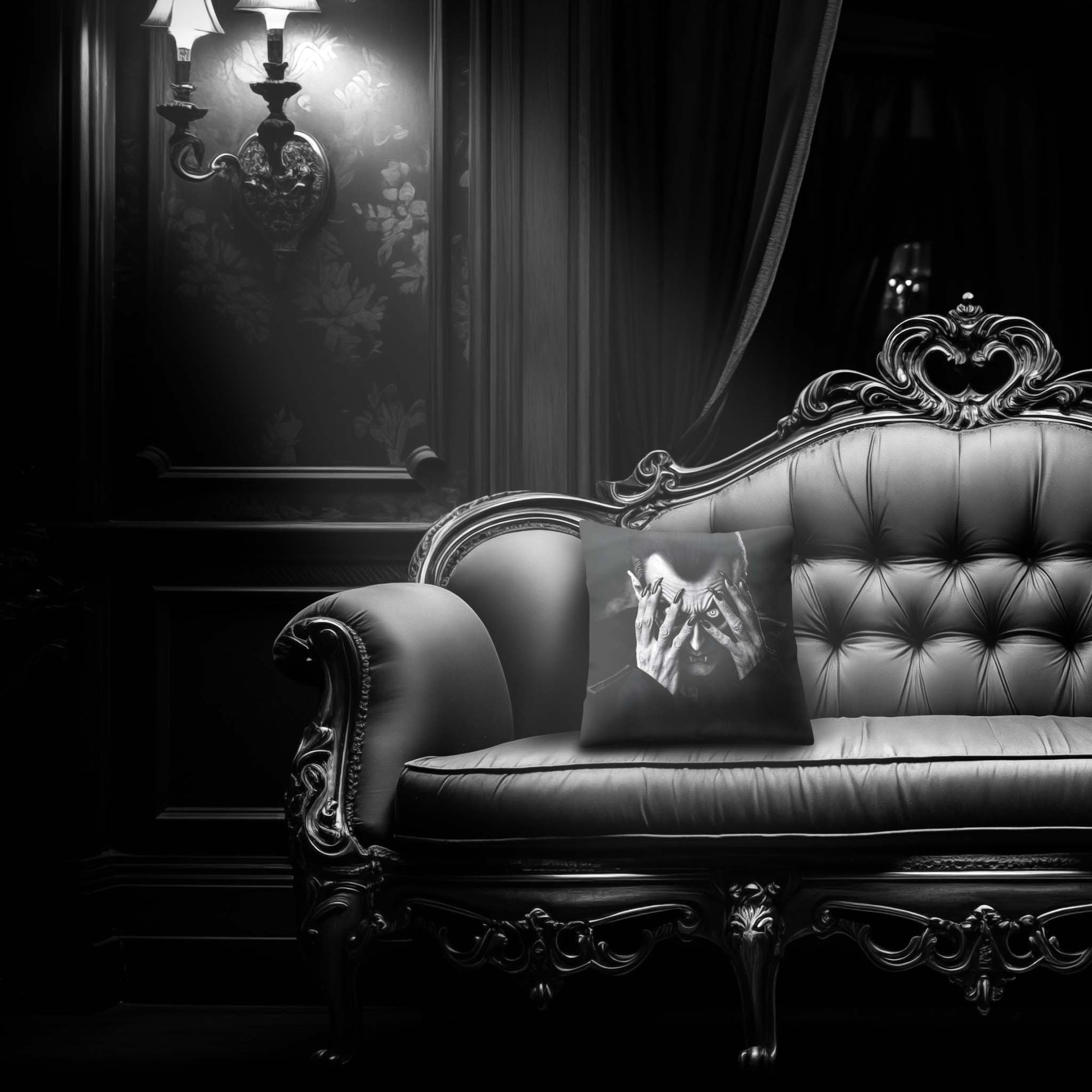 Dracula Peekaboo pillow by Muahaha!  Black and white photo of the 16x16 faux suede pillow showing Dracula's face resting on an antique couch in a victorian mansion.  The perfect spooky gift!