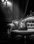 Dracula Peekaboo pillow by Muahaha!  Black and white photo of the 16x16 faux suede pillow showing Dracula's face resting on an antique couch in a victorian mansion.  The perfect spooky gift!