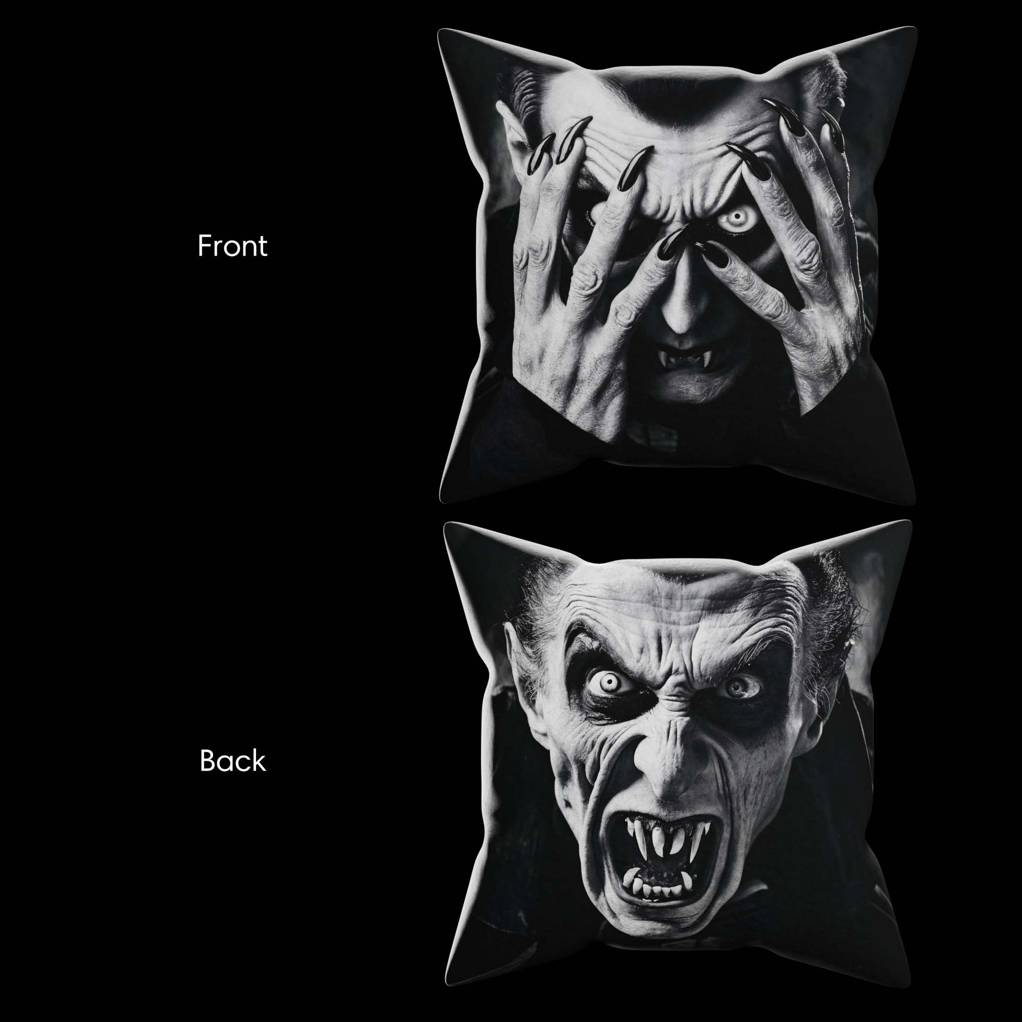 Image showing the front and back of Dracula Peekaboo Pillow.  The front shows a vampire with his hands covering his face.  The back shows a terrifying, snarling Dracula revealing his face!  Black and white artwork on a 16x16 faux suede pillow.  The perfect horror, goth decor gift from Muahaha!