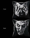 Image showing the front and back of Dracula Peekaboo Pillow.  The front shows a vampire with his hands covering his face.  The back shows a terrifying, snarling Dracula revealing his face!  Black and white artwork on a 16x16 faux suede pillow.  The perfect horror, goth decor gift from Muahaha!