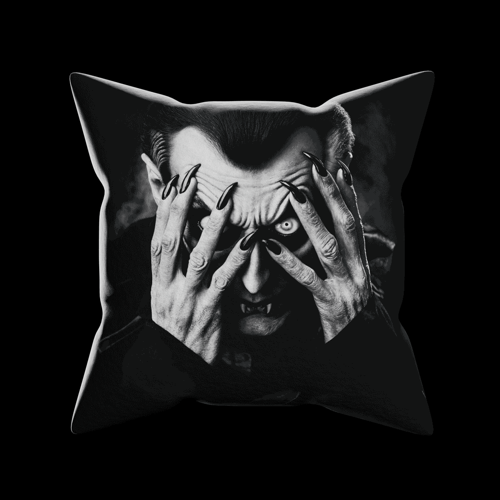 A gif shows Dracula Peekaboo Pillow animating from front to back.  On the front is a closeup of a vampire with his hands covering his face.  Flip the pillow to reveal a terrifying snarling Dracula.  Black and white artwork on a 16x16 faux suede pillow.  The perfect spooky, Halloween gift!