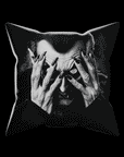 A gif shows Dracula Peekaboo Pillow animating from front to back.  On the front is a closeup of a vampire with his hands covering his face.  Flip the pillow to reveal a terrifying snarling Dracula.  Black and white artwork on a 16x16 faux suede pillow.  The perfect spooky, Halloween gift!