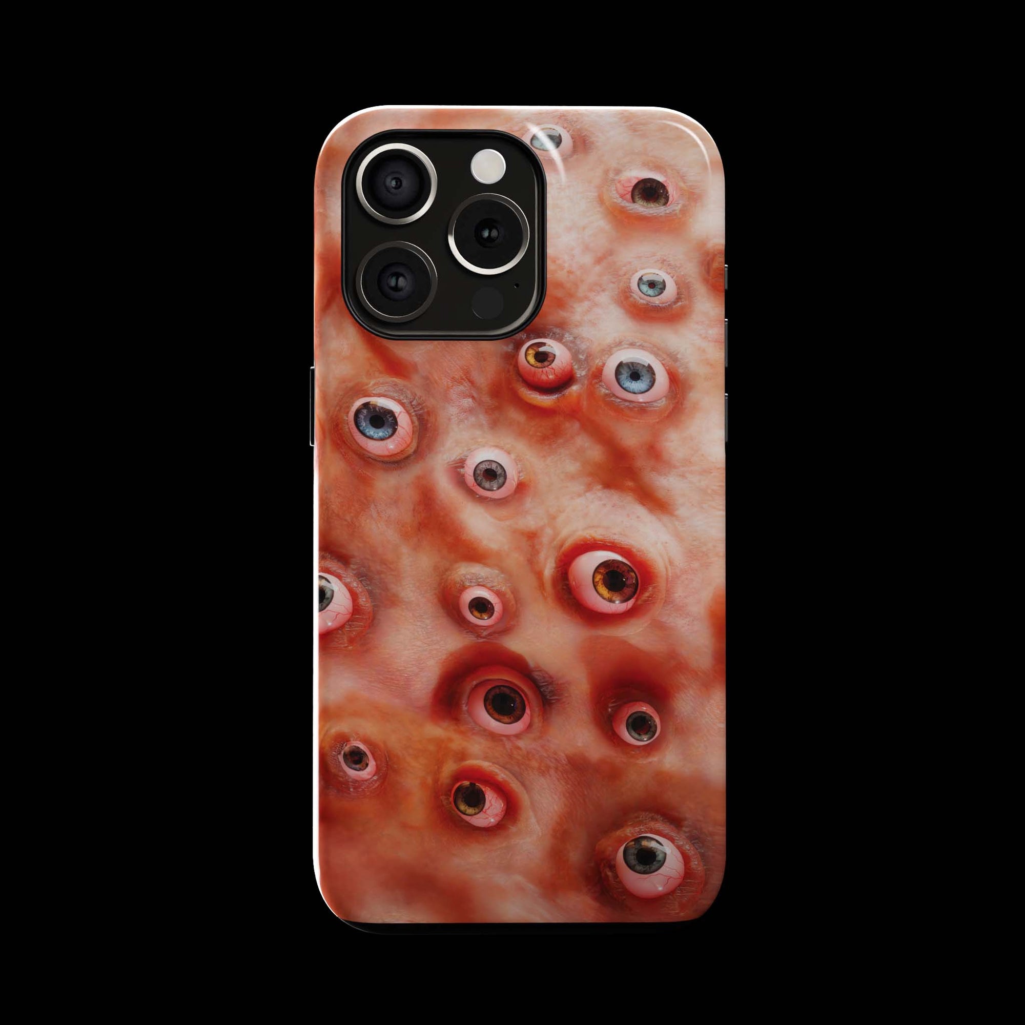 Eyesore Monster Flesh phone case!  For iPhone, Samsung Galaxy, and Google Pixel devices.  Muhahaha! presents the perfect spooky, Halloween gift.  Every case has double layers for extra durability and protection while the clear, open ports stay out of your way when it comes to charging. Choose between matte or glossy finish. (pictured: iPhone 15 pro rocking an Eyesore Monster Flesh phone case)