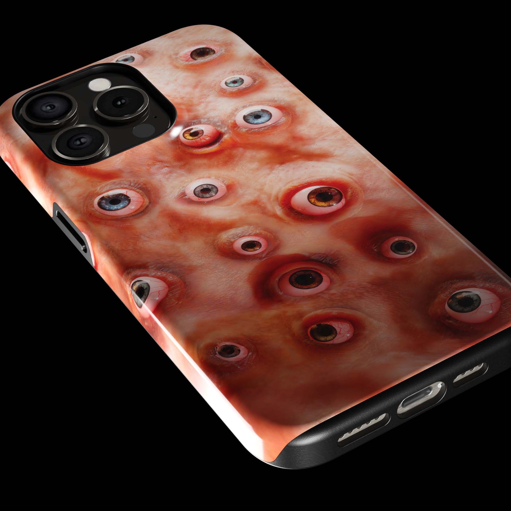 Eyesore Monster Flesh phone case!  For iPhone, Samsung Galaxy, and Google Pixel devices.  Muhahaha! presents the perfect spooky, Halloween gift.  Every case has double layers for extra durability and protection while the clear, open ports stay out of your way when it comes to charging. Choose between matte or glossy finish. (pictured: iPhone 15 pro rocking an Eyesore Monster Flesh phone case)