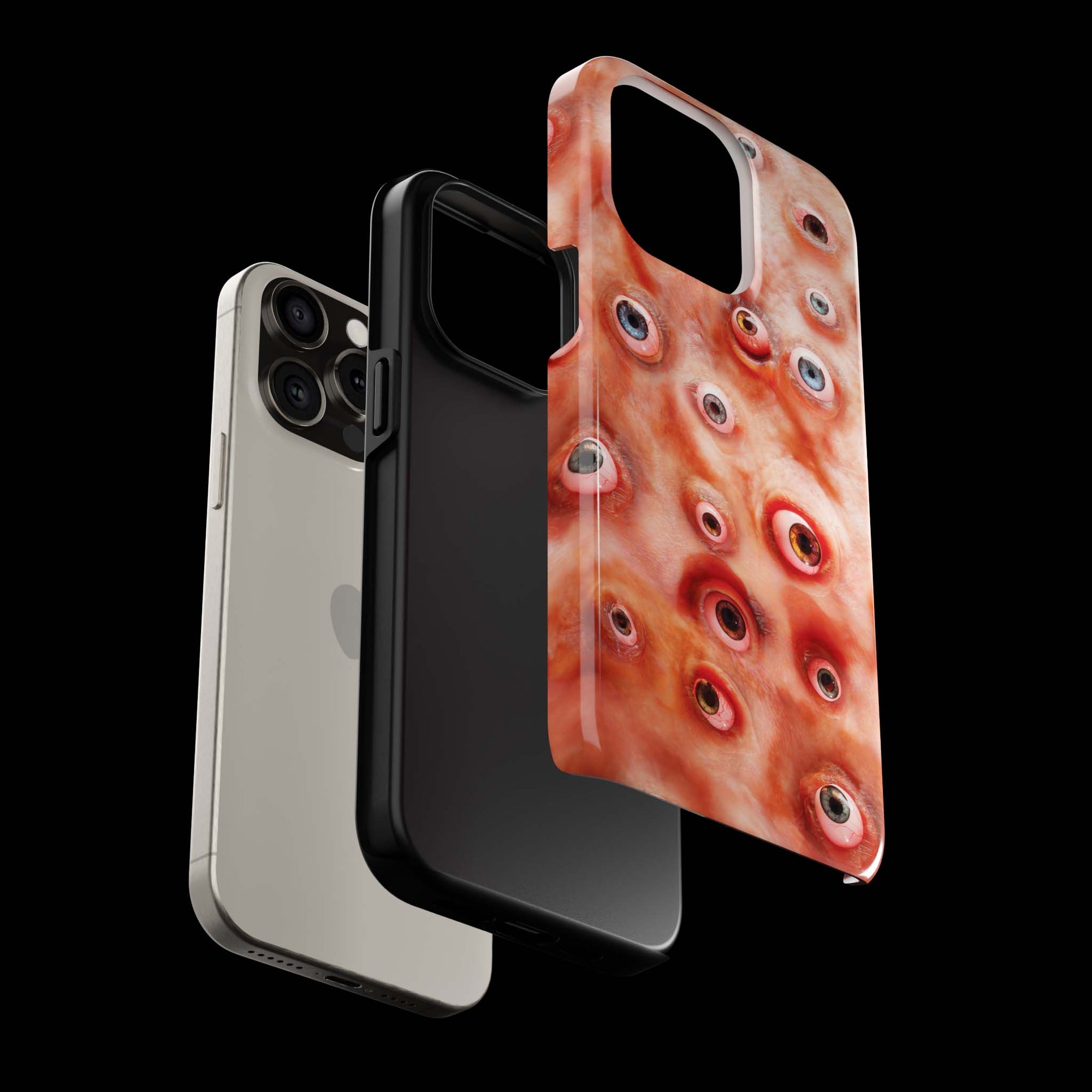 Eyesore Monster Flesh phone case!  For iPhone, Samsung Galaxy, and Google Pixel devices.  Muhahaha! presents the perfect spooky, Halloween gift.  Every case has double layers for extra durability and protection while the clear, open ports stay out of your way when it comes to charging. Choose between matte or glossy finish. (pictured: iPhone 15 pro rocking an Eyesore Monster Flesh phone case)