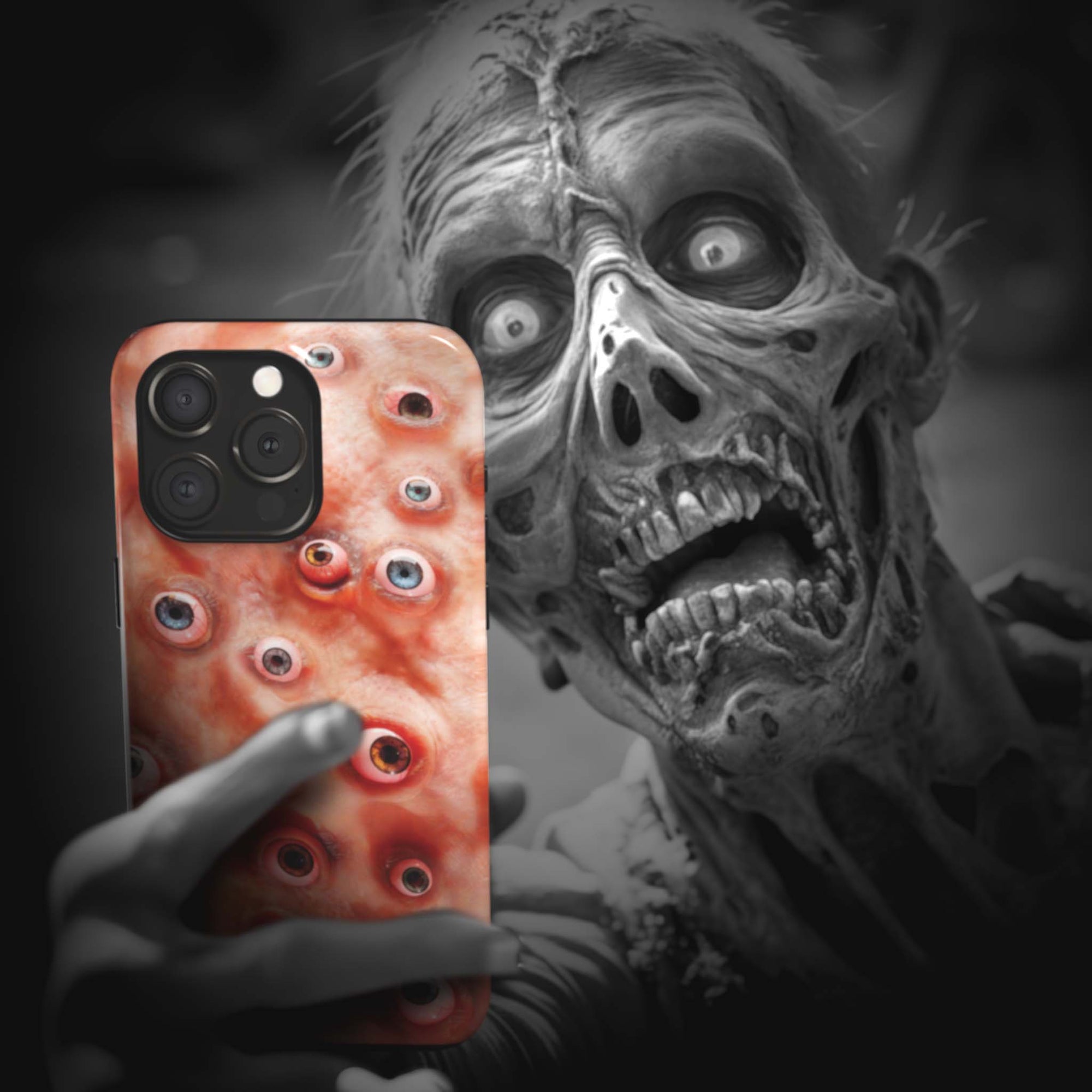 A zombie takes a selfie with an Eyesore Monster Flesh phone case!  Available for iPhone, Samsung Galaxy, and Google Pixel devices.  Muhahaha! presents the perfect spooky, Halloween gift.  Every case has double layers for extra durability and protection while the clear, open ports stay out of your way when it comes to charging. Choose between matte or glossy finish. (pictured: iPhone 15 pro with an Eyesore Monster Flesh phone case)