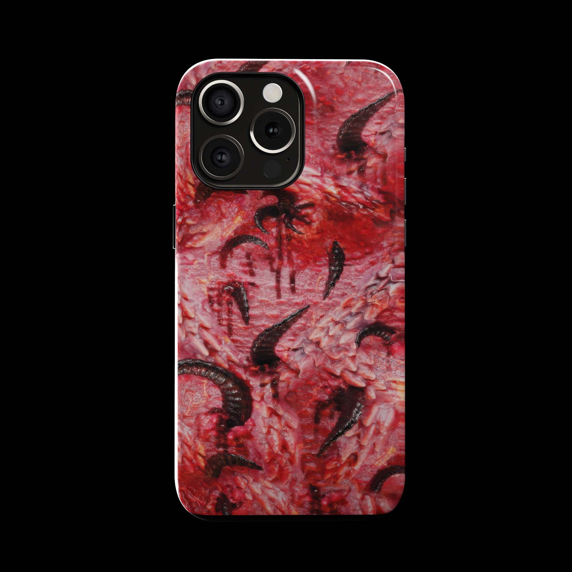 Horny Monster Flesh phone case!  For iPhone, Samsung Galaxy, and Google Pixel devices.  Muhahaha! presents the perfect spooky, Halloween gift.  Every case has double layers for extra durability and protection while the clear, open ports stay out of your way when it comes to charging. Choose between matte or glossy finish. (pictured: iPhone 15 pro rocking a Horny Monster Flesh phone case)