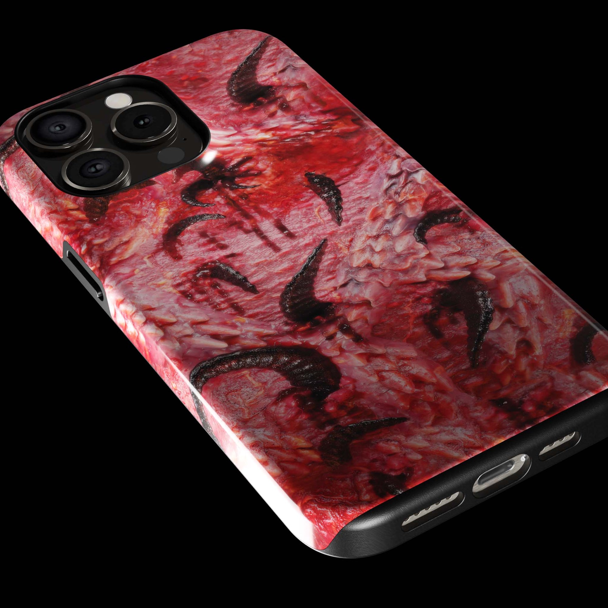 Horny Monster Flesh phone case!  For iPhone, Samsung Galaxy, and Google Pixel devices.  Muhahaha! presents the perfect spooky, Halloween gift.  Every case has double layers for extra durability and protection while the clear, open ports stay out of your way when it comes to charging. Choose between matte or glossy finish. (pictured: iPhone 15 pro rocking a Horny Monster Flesh phone case)