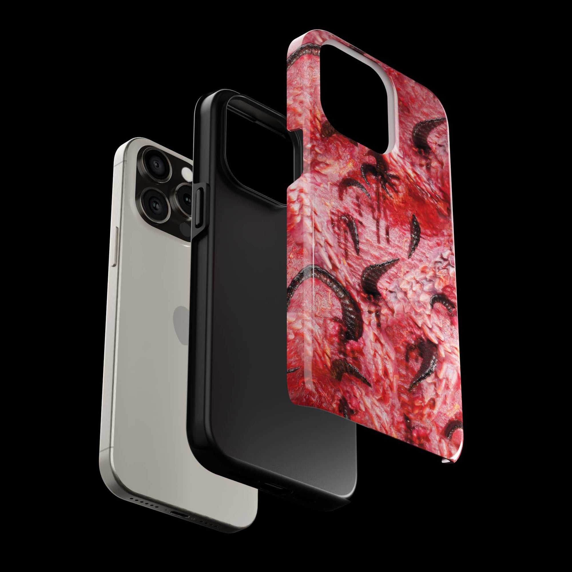 Horny Monster Flesh phone case!  For iPhone, Samsung Galaxy, and Google Pixel devices.  Muhahaha! presents the perfect spooky, Halloween gift.  Every case has double layers for extra durability and protection while the clear, open ports stay out of your way when it comes to charging. Choose between matte or glossy finish. (pictured: iPhone 15 pro rocking a Horny Monster Flesh phone case)