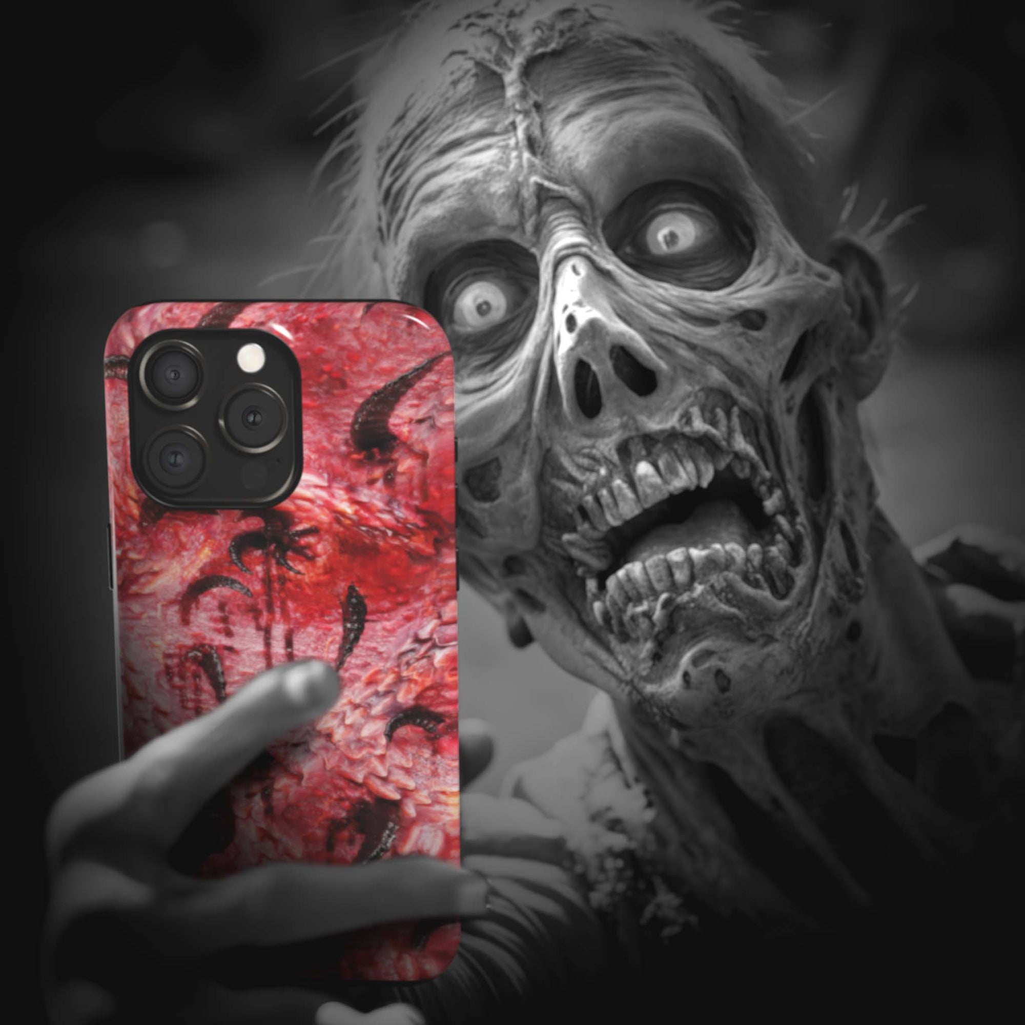 A zombie takes a selfie with a Horny Monster Flesh phone case!  Available for iPhone, Samsung Galaxy, and Google Pixel devices.  Muhahaha! presents the perfect spooky, Halloween gift.  Every case has double layers for extra durability and protection while the clear, open ports stay out of your way when it comes to charging. Choose between matte or glossy finish. (pictured: iPhone 15 pro with a Horny Monster Flesh phone case)