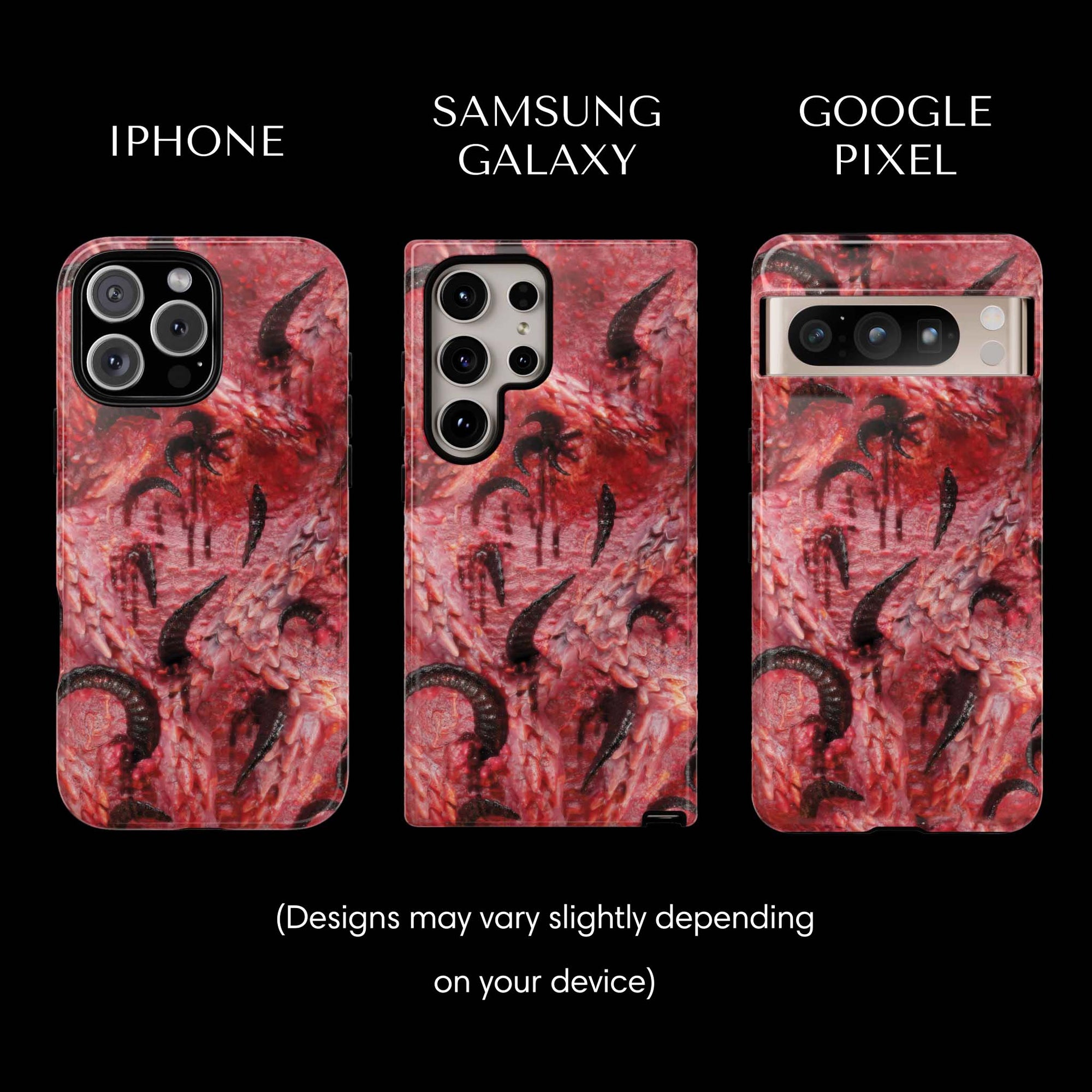 Horny Monster Flesh Tough Phone cases from Muahaha!  Pictured: iPhone 16 Max, Samsung Galaxy S24 Ultra, Google Pixel 8 Pro.  Designs may vary slightly depending on your device.