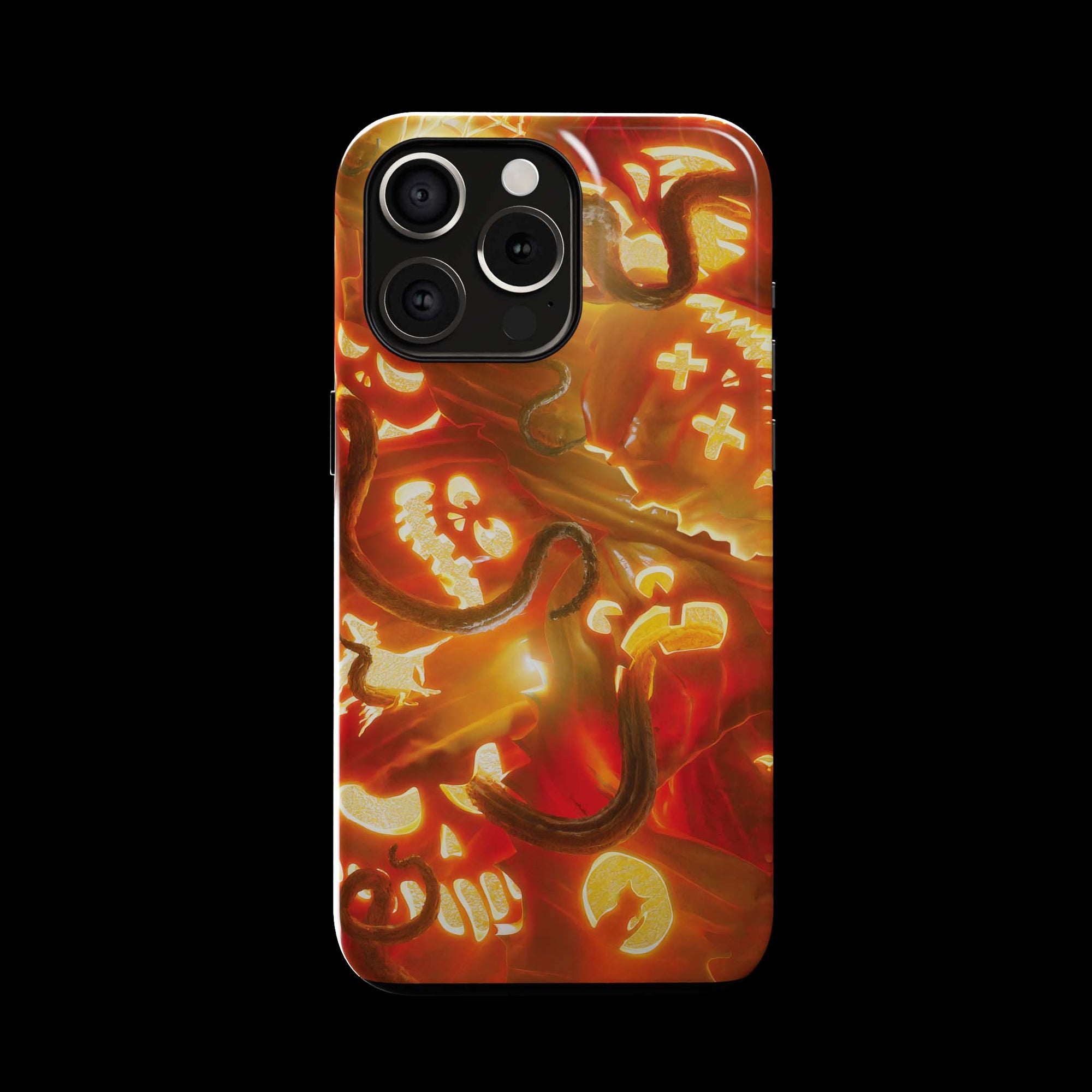 Jack-O'-Lantern Monster Flesh phone case!  For iPhone, Samsung Galaxy, and Google Pixel devices.  Muhahaha! presents the perfect spooky, Halloween gift.  Every case has double layers for extra durability and protection while the clear, open ports stay out of your way when it comes to charging. Choose between matte or glossy finish. (pictured: iPhone 15 pro rocking a Jack-O'-Lantern Monster Flesh phone case)