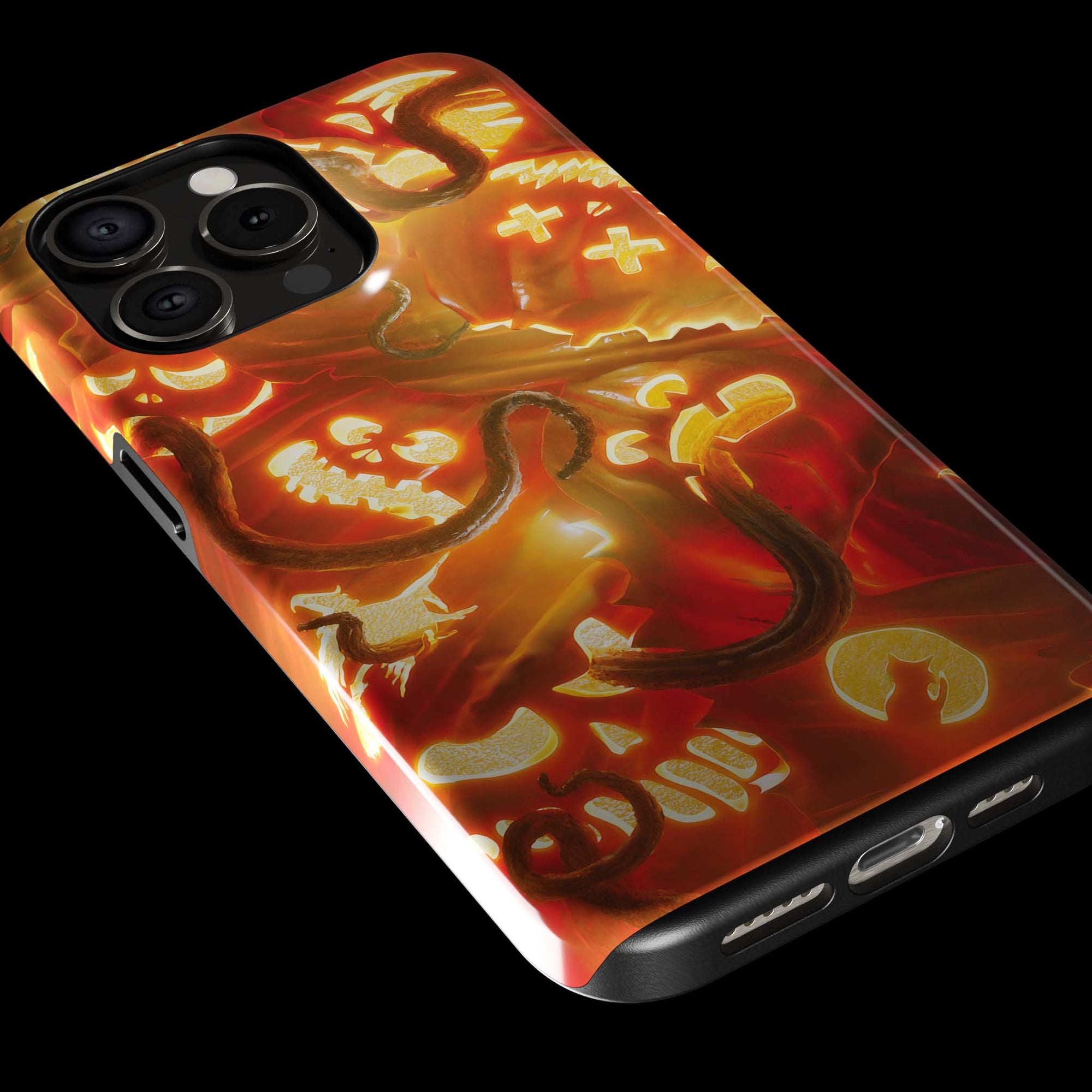 Jack-O'-Lantern Monster Flesh phone case!  For iPhone, Samsung Galaxy, and Google Pixel devices.  Muhahaha! presents the perfect spooky, Halloween gift.  Every case has double layers for extra durability and protection while the clear, open ports stay out of your way when it comes to charging. Choose between matte or glossy finish. (pictured: iPhone 15 pro rocking a Jack-O'-Lantern Monster Flesh phone case)