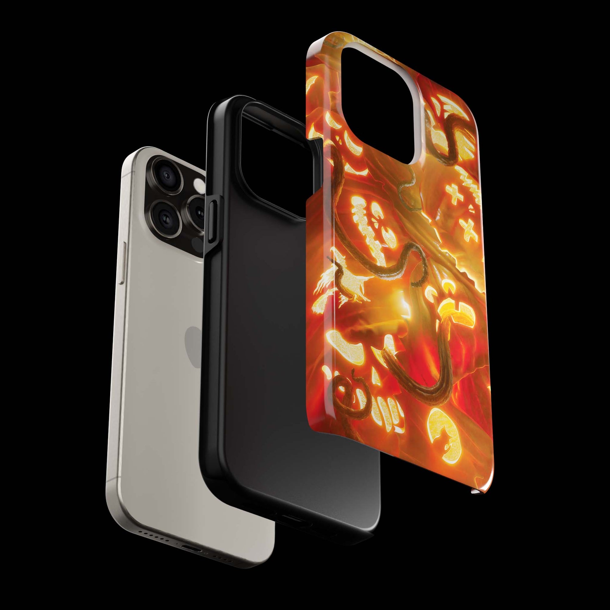 Jack-O'-Lantern Monster Flesh phone case!  For iPhone, Samsung Galaxy, and Google Pixel devices.  Muhahaha! presents the perfect spooky, Halloween gift.  Every case has double layers for extra durability and protection while the clear, open ports stay out of your way when it comes to charging. Choose between matte or glossy finish. (pictured: iPhone 15 pro rocking a Jack-O'-Lantern Monster Flesh phone case)