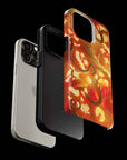 Jack-O'-Lantern Monster Flesh phone case!  For iPhone, Samsung Galaxy, and Google Pixel devices.  Muhahaha! presents the perfect spooky, Halloween gift.  Every case has double layers for extra durability and protection while the clear, open ports stay out of your way when it comes to charging. Choose between matte or glossy finish. (pictured: iPhone 15 pro rocking a Jack-O'-Lantern Monster Flesh phone case)