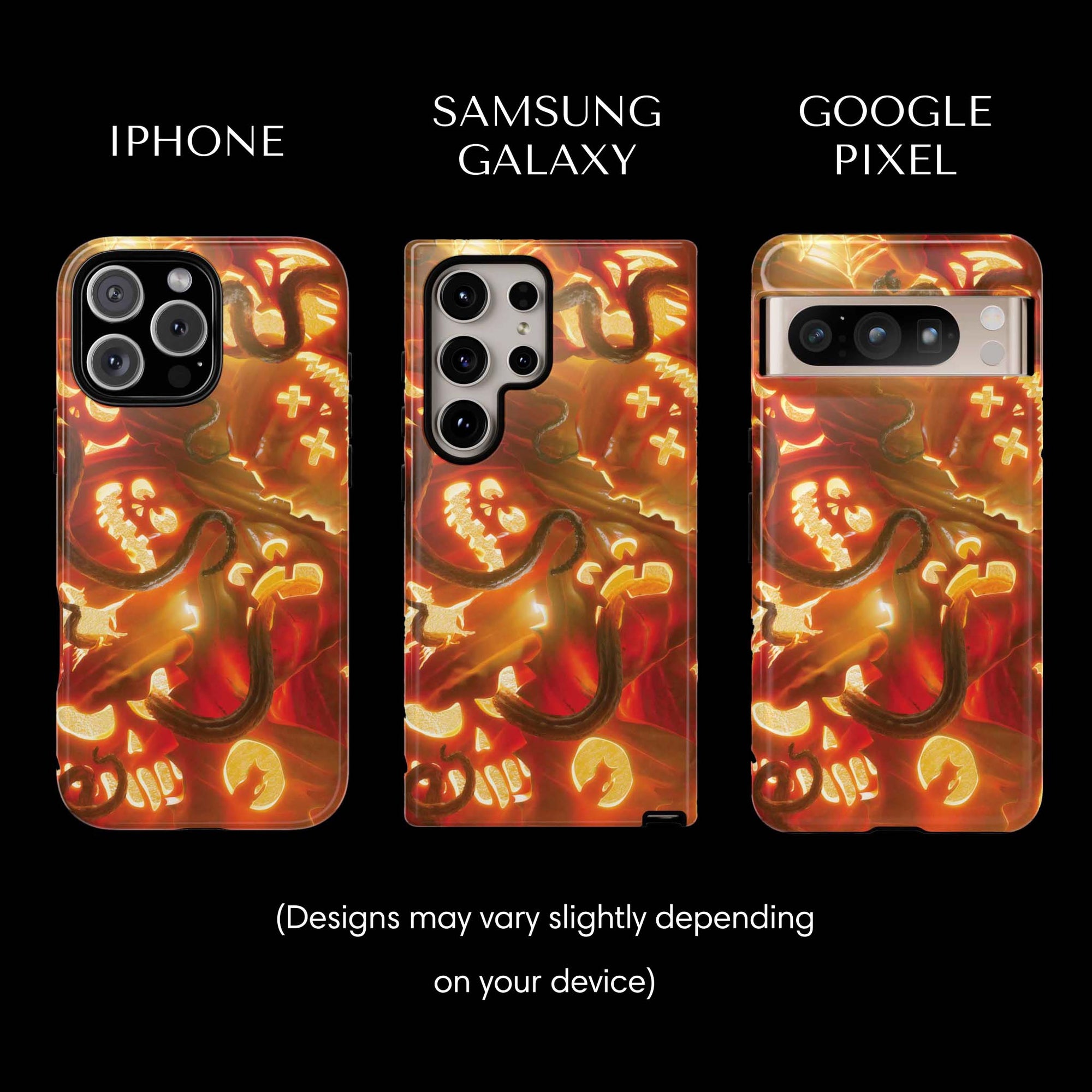 Jack-O'-Lantern Monster Flesh Tough Phone cases from Muahaha!  Pictured: iPhone 16 Max, Samsung Galaxy S24 Ultra, Google Pixel 8 Pro.  Designs may vary slightly depending on your device.