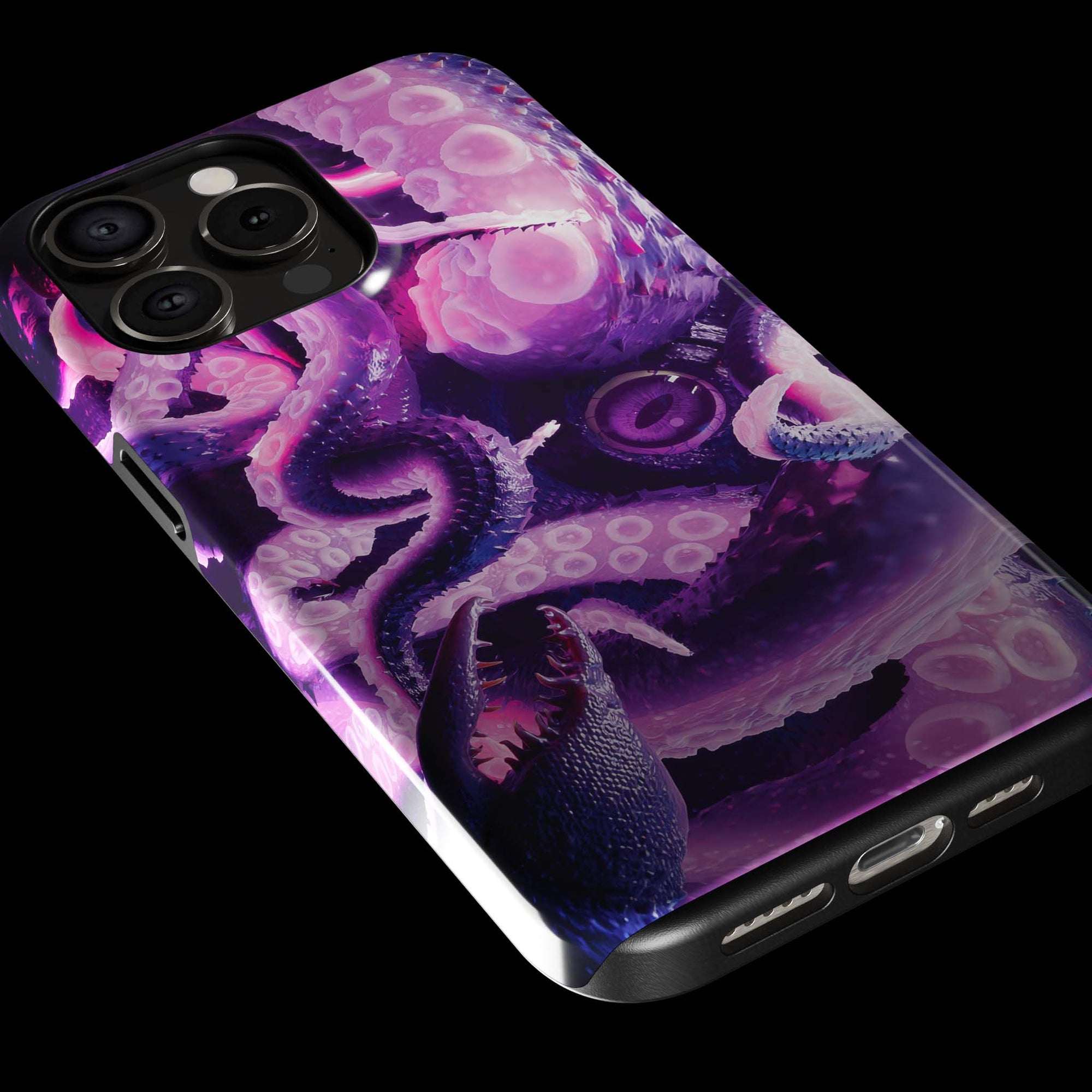 Kraken Monster Flesh phone case!  For iPhone, Samsung Galaxy, and Google Pixel devices.  Muhahaha! presents the perfect spooky, Halloween gift.  Every case has double layers for extra durability and protection while the clear, open ports stay out of your way when it comes to charging. Choose between matte or glossy finish. (pictured: iPhone 15 pro rocking a Kraken Monster Flesh phone case)