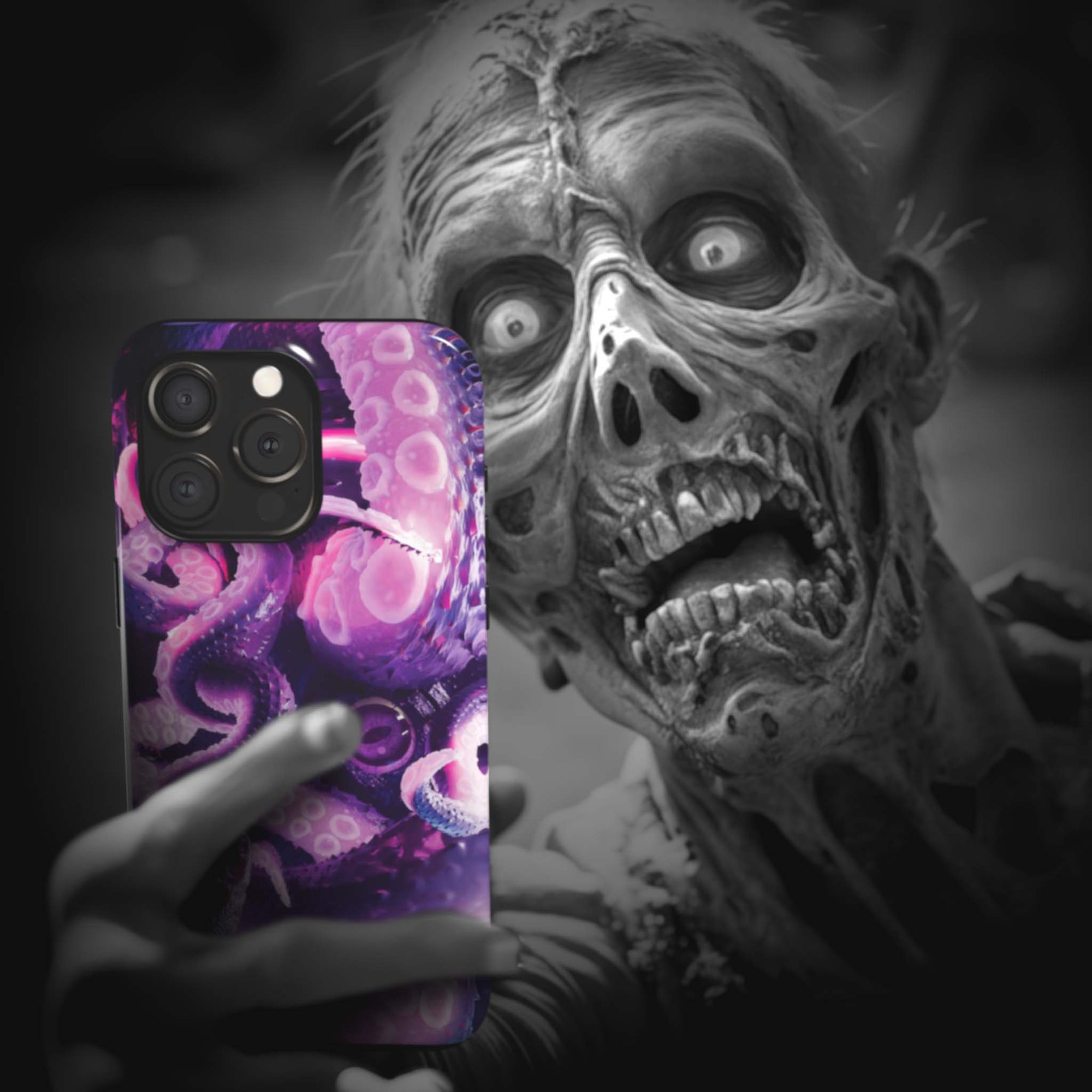 A zombie takes a selfie with a Kraken Monster Flesh phone case!  Available for iPhone, Samsung Galaxy, and Google Pixel devices.  Muhahaha! presents the perfect spooky, Halloween gift.  Every case has double layers for extra durability and protection while the clear, open ports stay out of your way when it comes to charging. Choose between matte or glossy finish. (pictured: iPhone 15 pro with a Kraken Monster Flesh phone case)