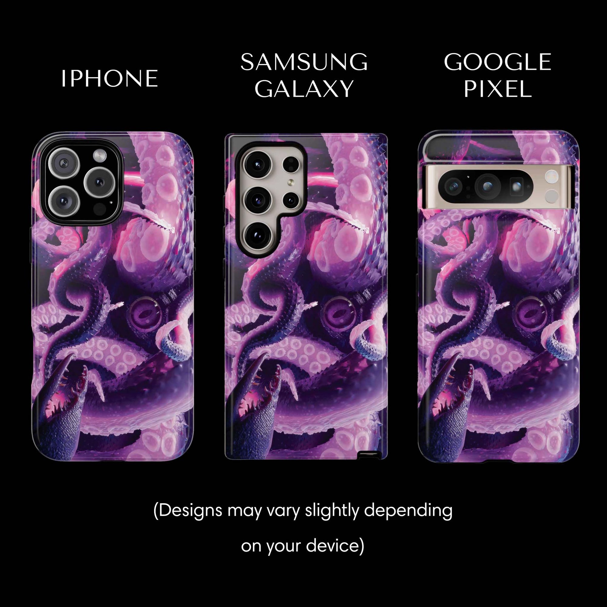 Kraken Monster Flesh Tough Phone cases from Muahaha!  Pictured: iPhone 16 Max, Samsung Galaxy S24 Ultra, Google Pixel 8 Pro.  Designs may vary slightly depending on your device.