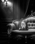 Skeleton Peekaboo pillow by Muahaha!  Black and white photo of the 16x16 faux suede pillow showing a skeleton's face resting on an antique couch in a victorian mansion.  The perfect spooky gift!